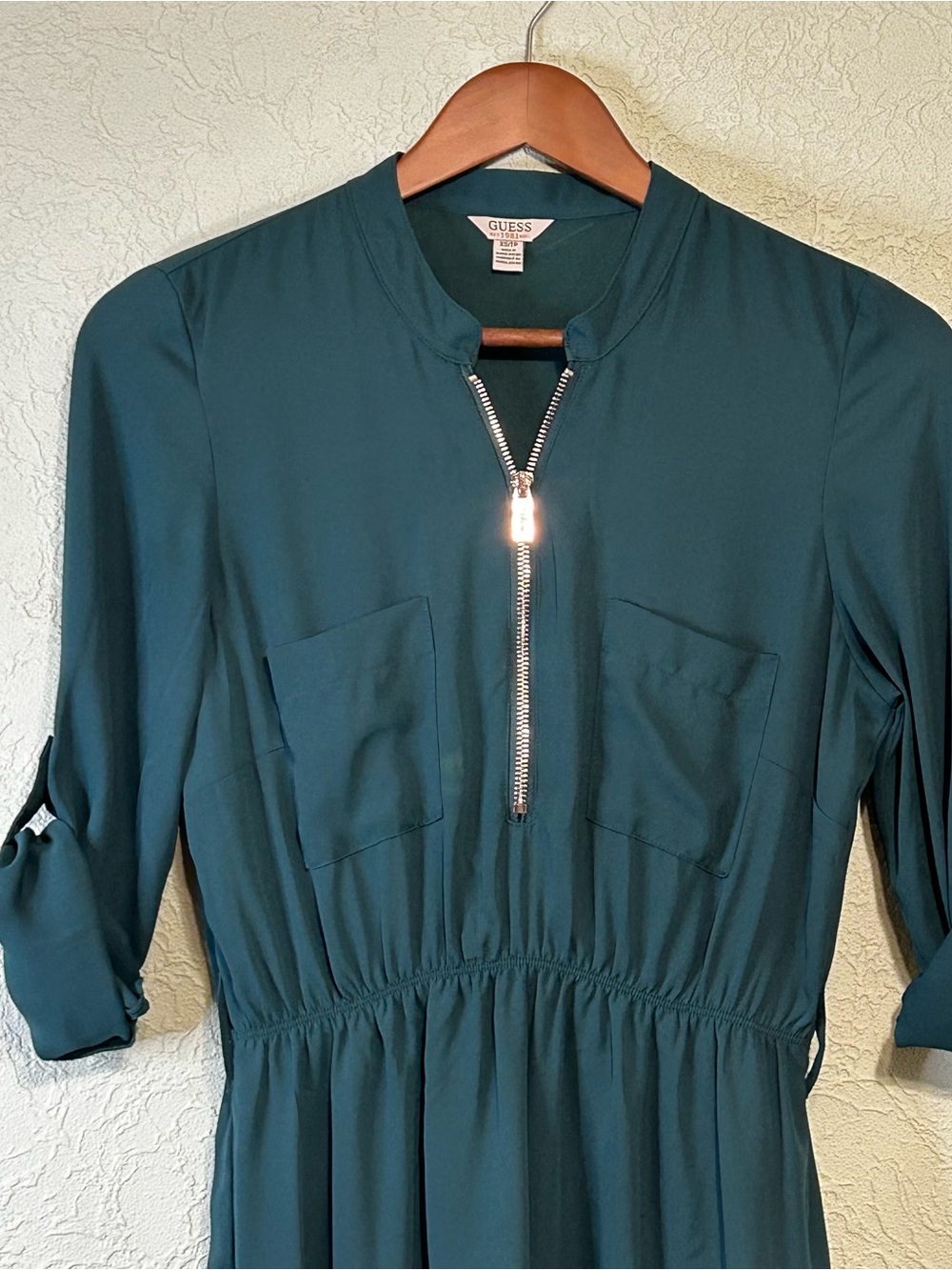 GUESS Forest Green Utility Mini Dress Half Zip Roll Tab Sleeve XS